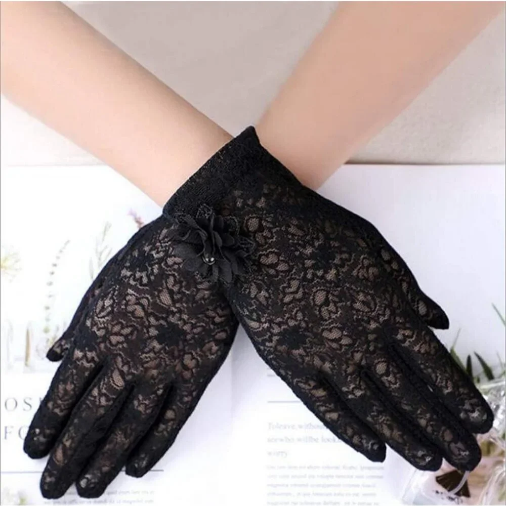 Women's Summer Sun Protection Black Short Flower Floral Embroider Lace Gloves